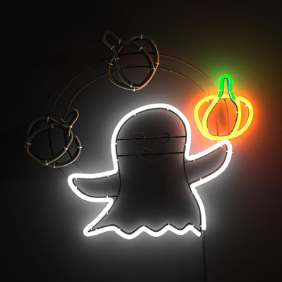 LED Neon Light Ghost Signs Halloween Decor With Animated Pumpkin Throwing Effect Lighted Display,Remote Control,Timer, Window Silhouette Holiday Door Porch Wall Decor