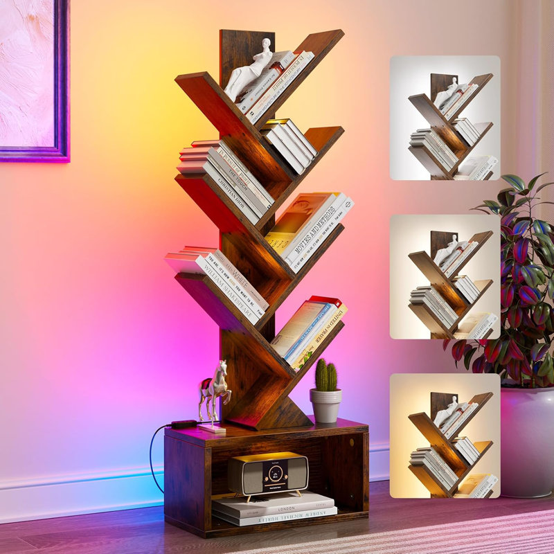 6 Tier Tree Bookshelf With Lights, Led Book Tree Bookshelf With Storage Organizer, Small Corner Bookcase Floor Standing Book Shelf For Living Room, Bedroom & Home Office