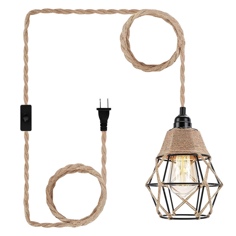 Herblain 1-Light Retro Diamond Plug-in Hand Woven Pendant Light with On/Off Switch