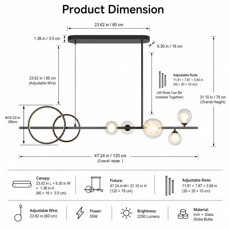 7 - Light Black LED Dimmable Linear Kitchen Island Pendant