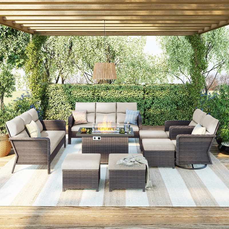 Ensemble de conversation pour chaise berçante pivotante pour 12 personnes avec table de foyer et coussins, Beige