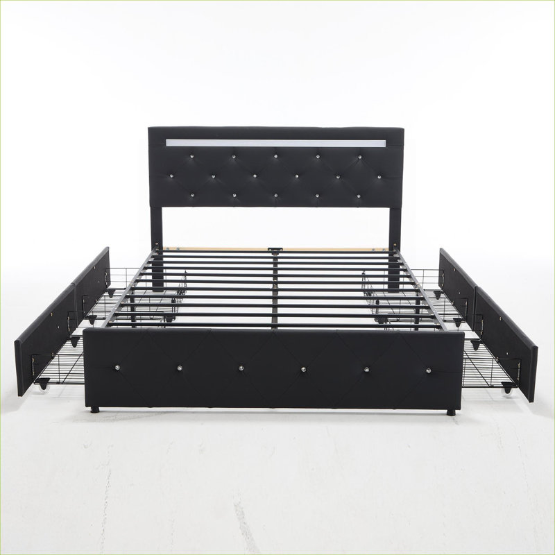 Lit plateforme tapissier en similicuir noir avec tête de lit réglable, rangement intégré et DEL intelligente pour une chambre à coucher résidentielle