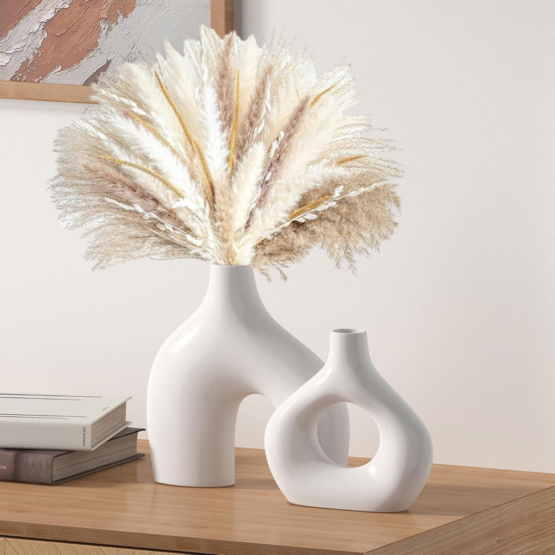 Set Of 2 White Hollow Round Ceramic Vases