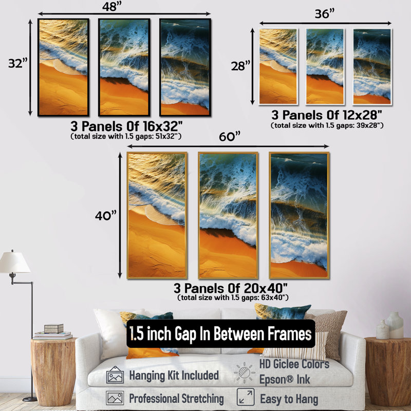 Vue aérienne de la plage bleue et orange IV - art mural plage, Cadre flottant blanc, H 28 po x l 36 po x P 1 po
