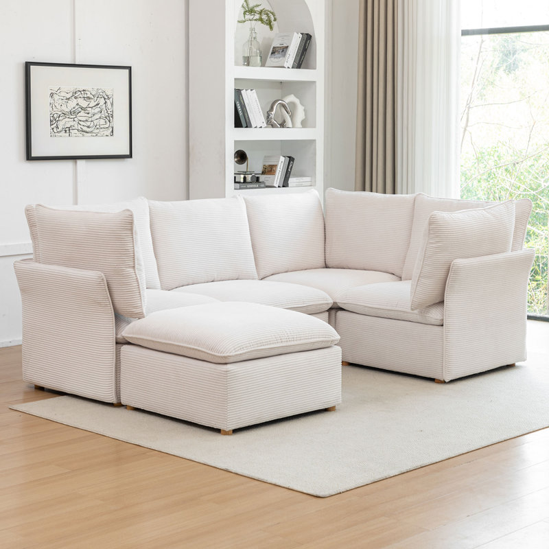 Hepworth Dejohn Corduroy Sectional Sofa With Solid Wood Legs, 36" H x 95.5" W x 62.5" D, White Corduroy