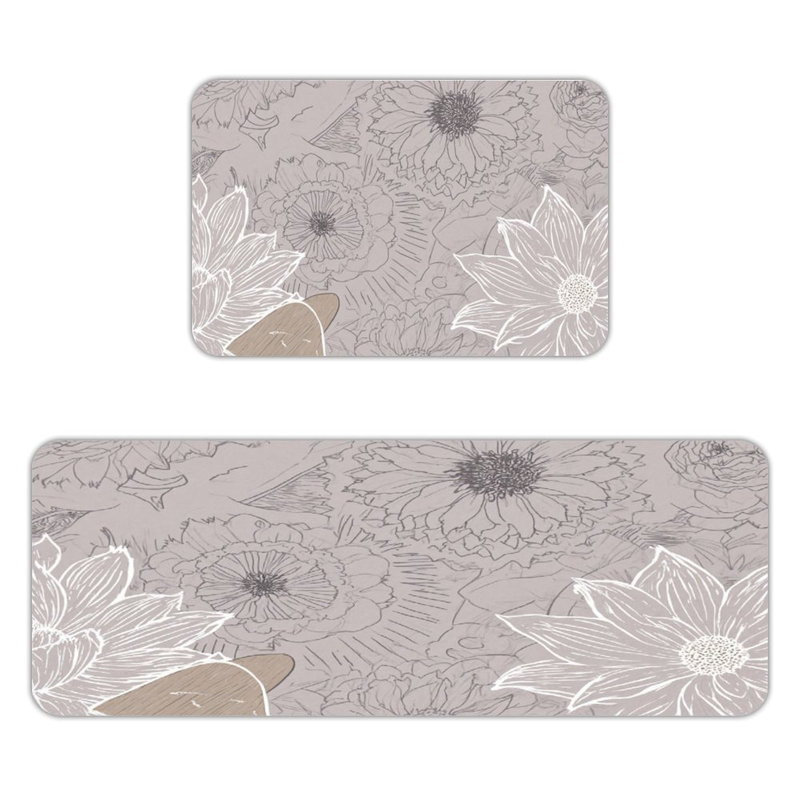 Neutral Floral Sketch, Kitchen Mats Set Of 2, Tan Floral