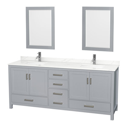 Meuble-lavabo double autoportant 80 po avec plateau en quartz Sheffield et miroirs 24 po Sheffield