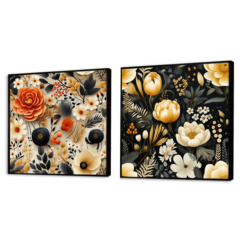 Laurier - Ensemble de 2 collages carrés botaniques abstraits, Cadre flottant noir, H 36 po x l 73 po