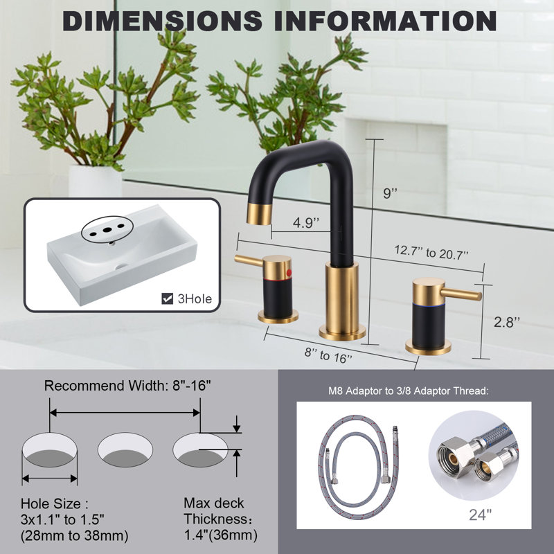8 In. Bathroom Basin Faucet With Drain Kit, Black/Gold