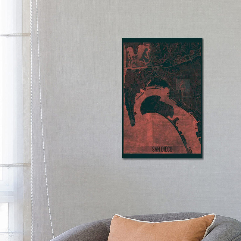 San Diego Infrared Urban Blueprint Map 1 Piece Wrapped Canvas Painting, 66.04 cm H x 45.72 cm W x 1.91 cm D