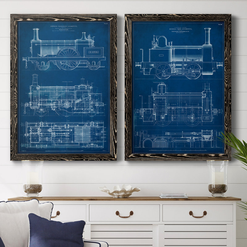 «Locomotive Blueprint I», ensemble de 2 impressions encadrées sur toile, H 37,5 po x l 55 po x P 1,5 po, Noir