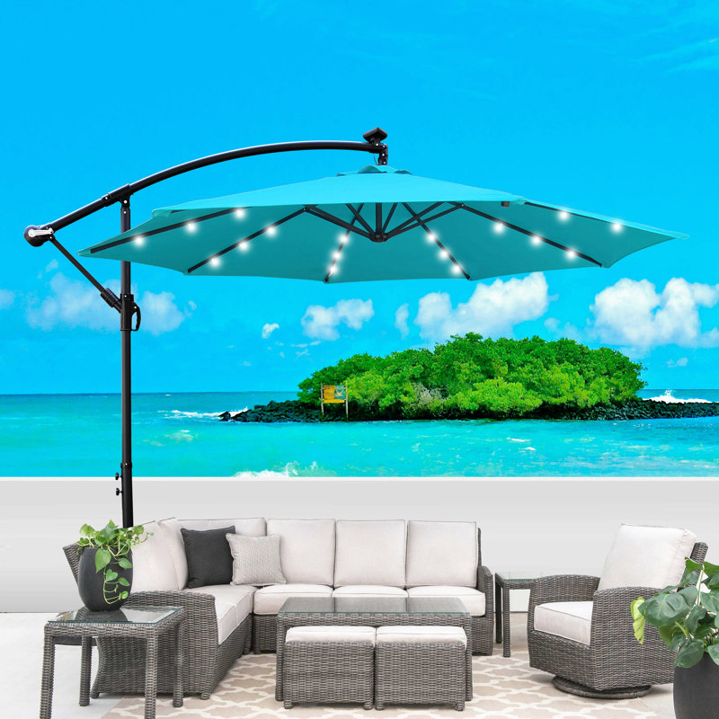 Parasol de terrasse 10 pi avec parasol solaire à DEL 8 lumières avec manivelle et base transversale, Turquoise