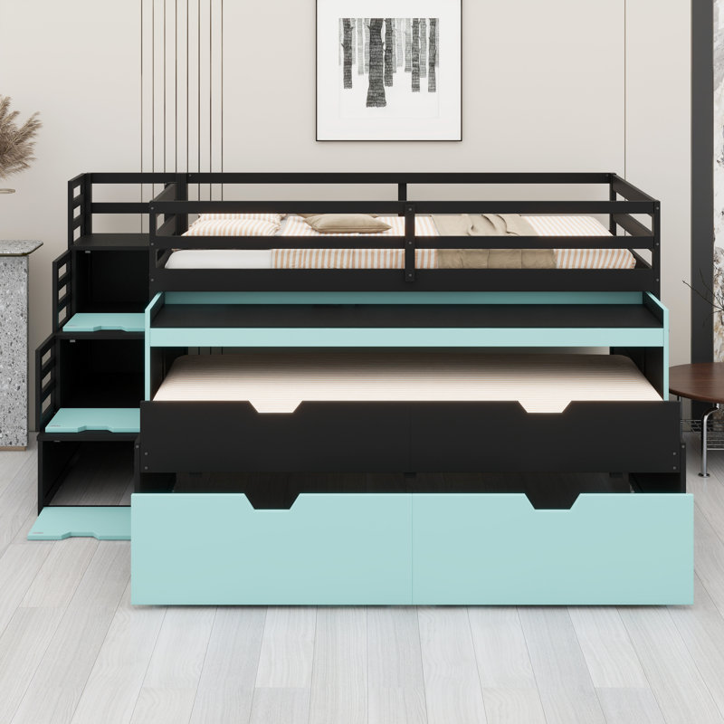 Lit mezzanine multifonctionnel avec bureau coulissant, lit gigogne, tiroirs de rangement et marches de rangement, Black+Blue