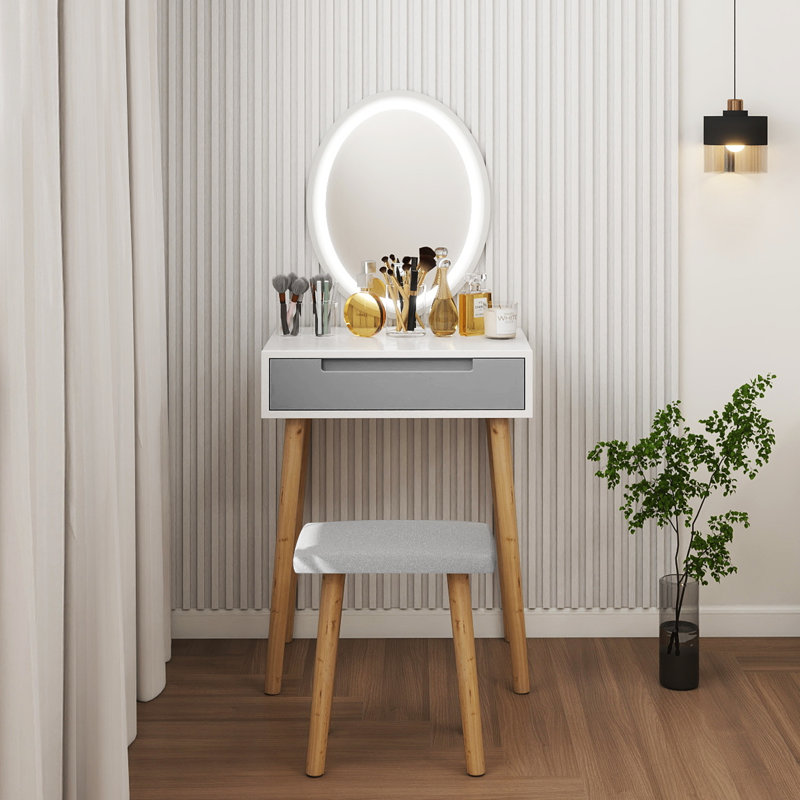 Leicester Vanity Table Set with Adjustable Brightness Mirror and Cushioned Stool, Grey/White