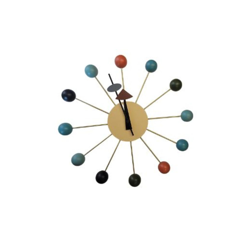 Horloge murale Mid-Century moderne - boules en bois colorées et cadre en métal - à piles