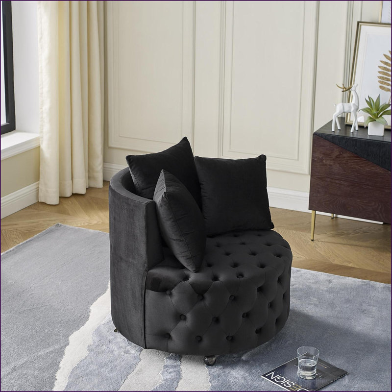 Chaise pivotante en velours avec capitonnage à boutons, roulettes mobiles et 3 coussins | Noir | Mousse