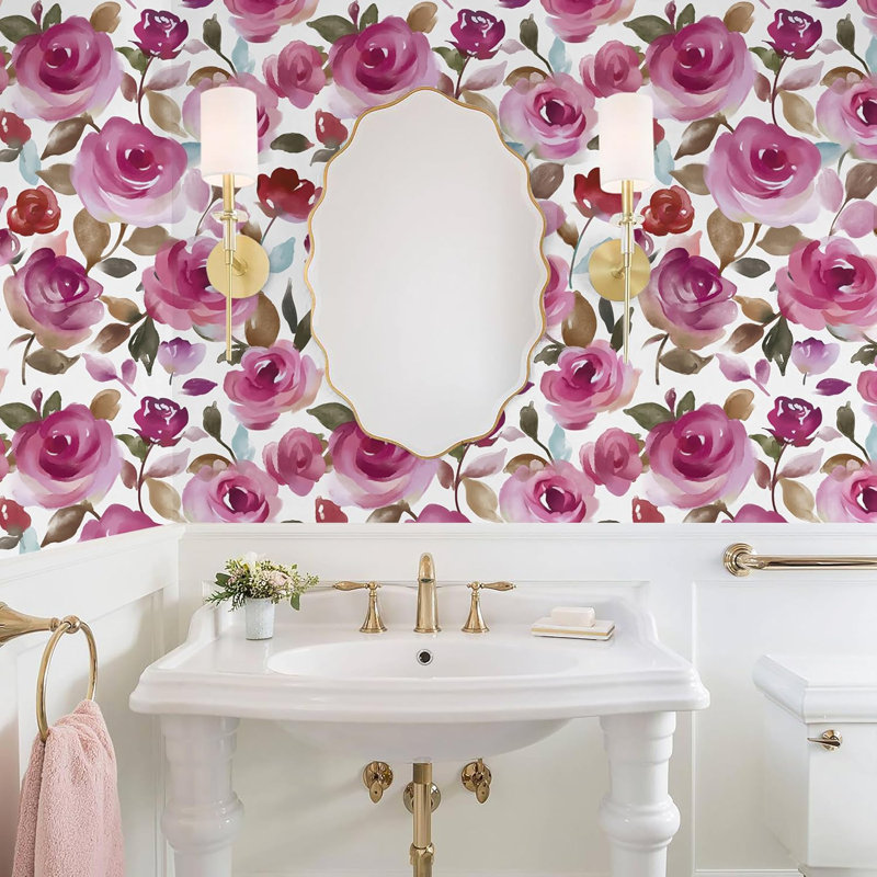 Papier peint adhésif floral rose - Revêtement mural amovible rose pour salle de bain, chambre de bébé, mur décoratif