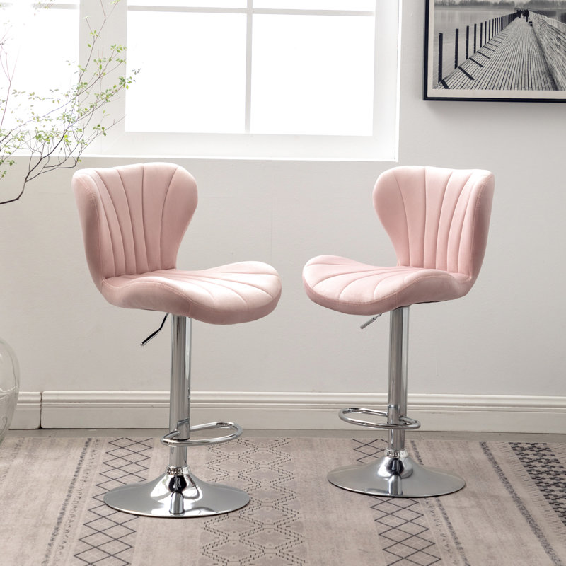 Pivotant rose rembourré réglable, en velours doux de 2, rembourrage en mousse épaisse, pivotant à 360 degrés, réglage de la hauteur du vérin à gaz, repose-pieds confortable, chaises 2 pièces à finition élégante, rotation à 360 °, au gaz
