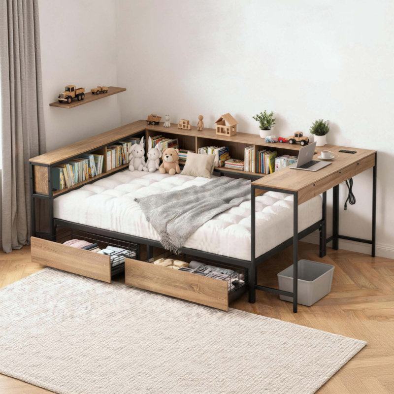 Cadre de lit d'angle avec bibliothèque et 2 tiroirs de rangement sous le lit, lit moderne avec lumière DEL et station de charge