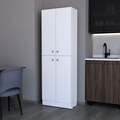 Elegant 4-Door White Pantry Cabinet With 5 Shelves For Sophisticated Kitchen Hidden Bedroom