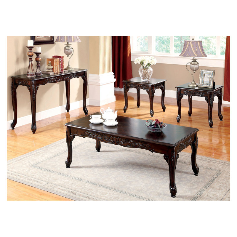 Table basse 3 pièces avec pieds en cabriole de style cerisier foncé de style traditionnel et conception complexe 1 table basse 2 tables de bout