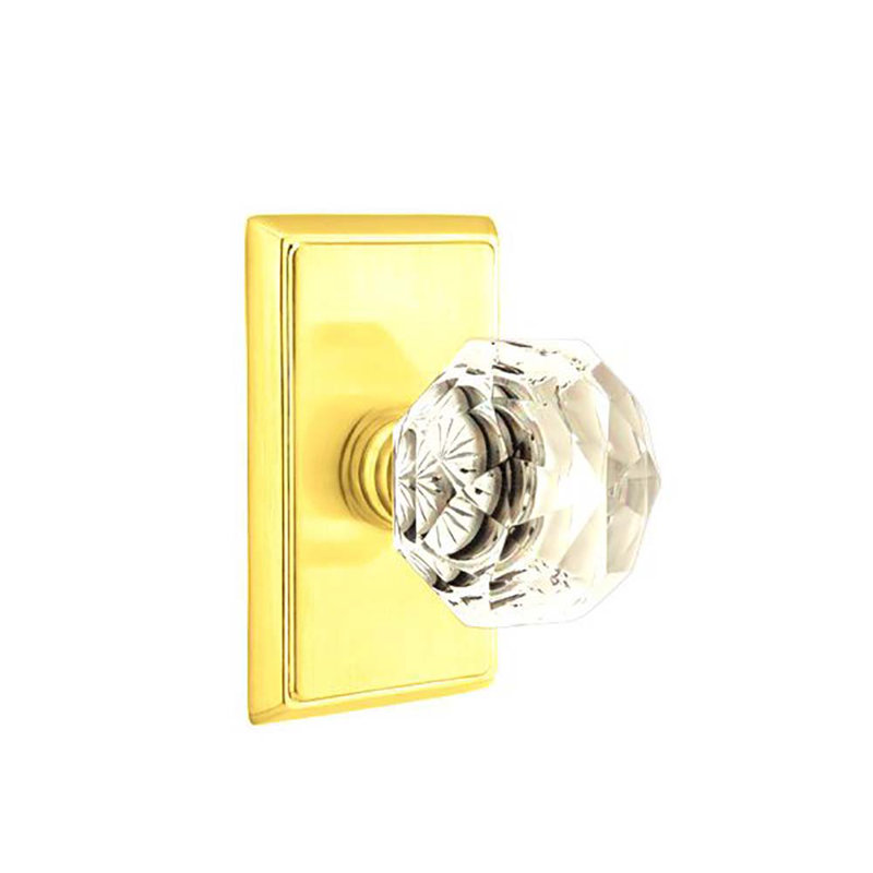 Ensemble de faux boutons Emtek avec rosette rectangulaire et poignée en verre Diamond, Laiton poli à vie