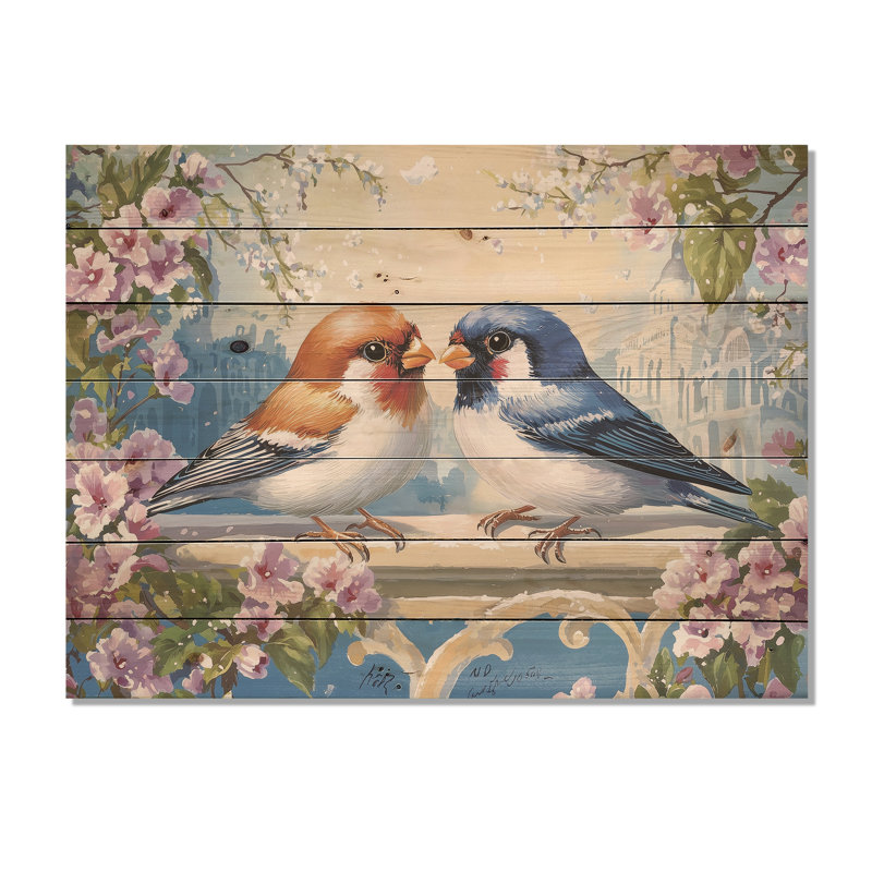 Love Birds Springtime Blooms I - Décoration murale en bois d'oiseau sur bois de pin naturel, H 30 po x l 40 po