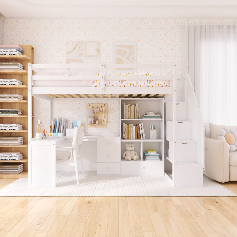 Lit mezzanine avec bureau en L et tiroirs, armoire et escalier de rangement, Blanc