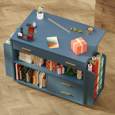 Wrapping Paper Storage & Organizer with Foldable Drop Leaf, Crafting Table with 3 Drawers and Power Outlets，Movable