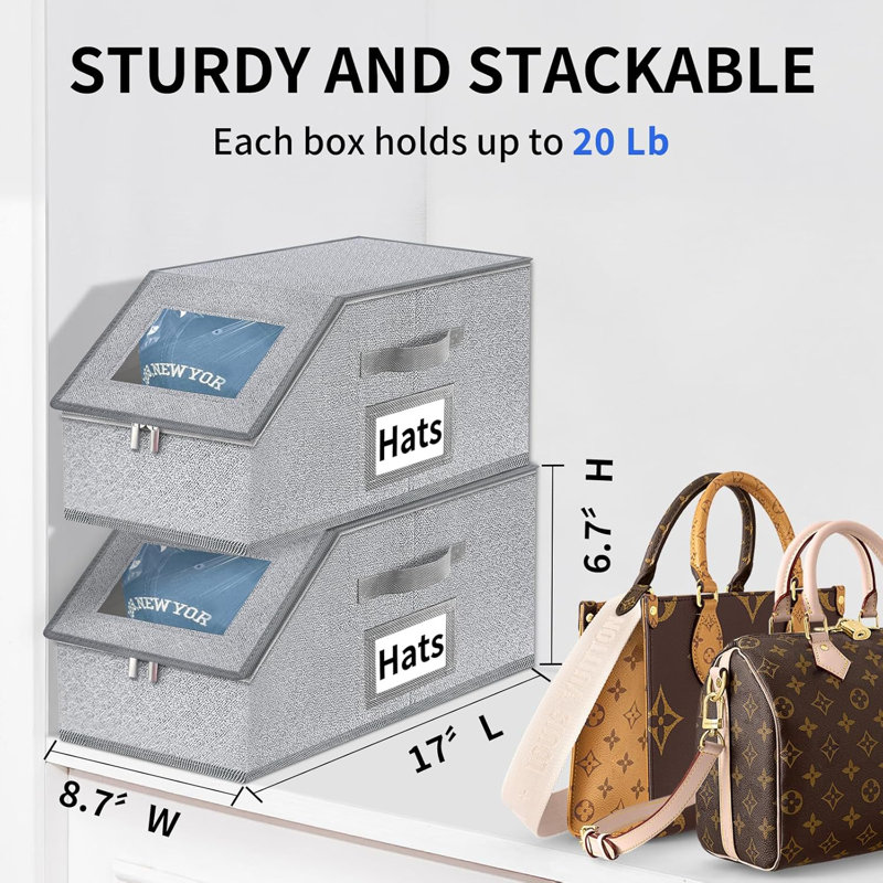 Hat Organizer for Baseball Caps - 2PCS Stackable Storage with Clear Window Lid
