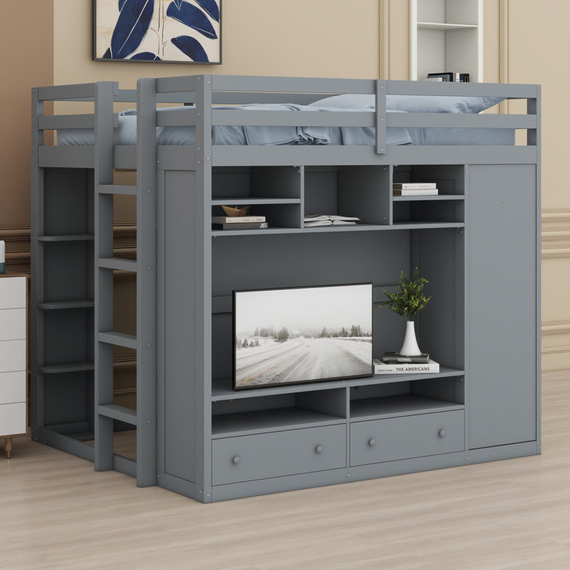 Loft Bed With Drawers, Shelves And Light, Gris