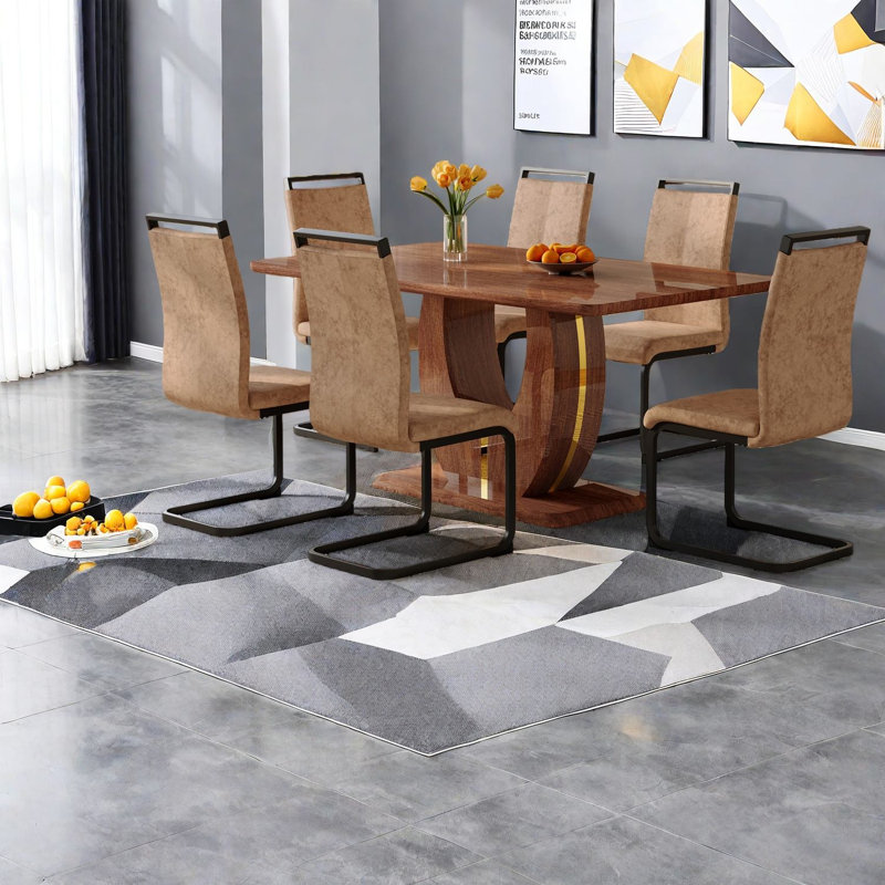 Ensemble de table de salle à manger moderne, table en bois aggloméré 63 po avec 6 chaises en tissu, parfaite pour la maison et la cuisine