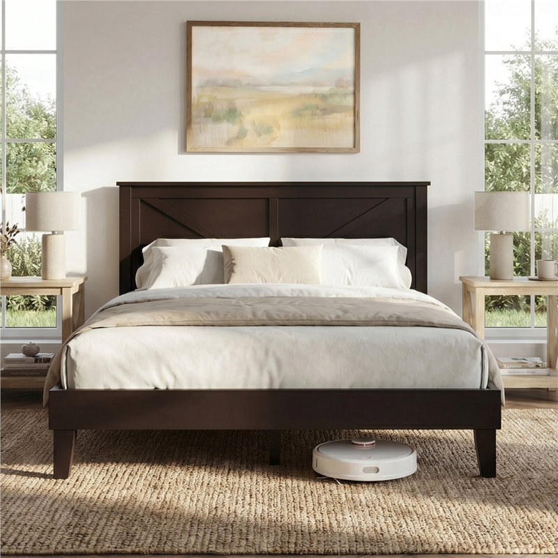 Farmhouse Wood Bed Platform with Headboard, Queen, Espresso