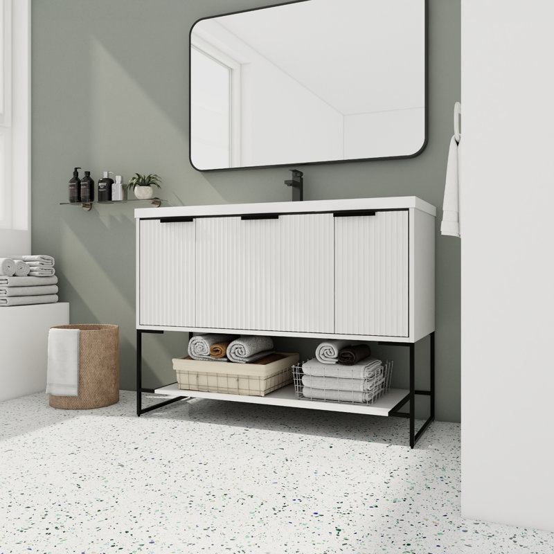 Meuble-lavabo simple 47,6 po avec plateau en résine Lusilla, Noir mat, Blanc