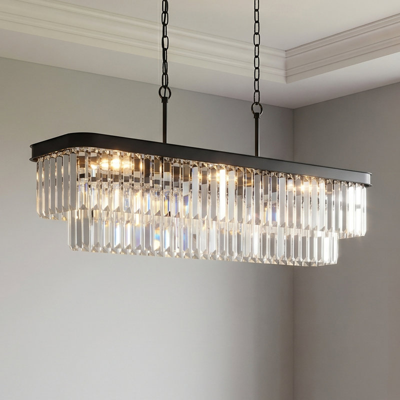 Lustre rectangulaire en cristal noir à 11 lumières de 34 pouces, suspension moderne à 2 niveaux K9, Matte Black