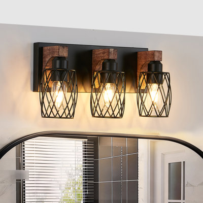 Applique murale de style industriel en cage noire à 3 lumières de style industriel avec décorations en bois pour salle de bain 18 po (ampoule non incluse)