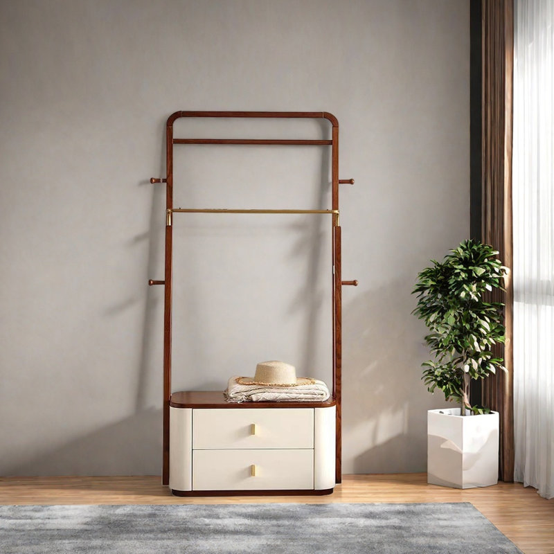 Double - Bar Coat Rack 4 Hooks Dual Storage Boxes, Walnut