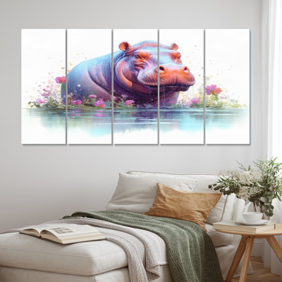 Animated Hippo - Animals Canvas Art Print - 5 Equal Panels