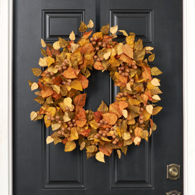 Fall Aspen Leaves with Metallic Copper Berries Fall Front Door Wreath