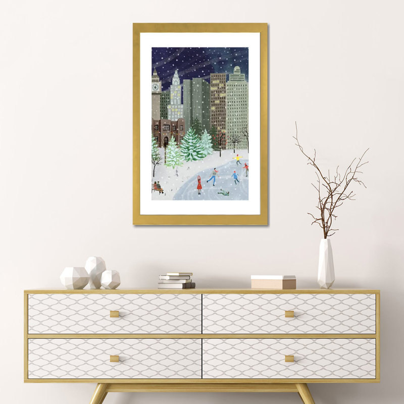«Christmas in the City I» par Grace Popp - impression d'art graphique, H 24 po x l 16 po x P 1 po, Papier encadré doré, Blanc