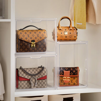 Ensemble de 5 organisateurs de rangement de sac à main pour placard, grande boîte de présentation de sac à main empilable transparent avec porte magnétique pour objets de collection, cosmétiques, talons hauts et jouets