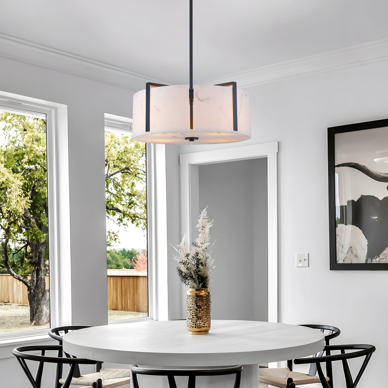 Lustre tambour 4 lumières albâtre naturel, Noir mat