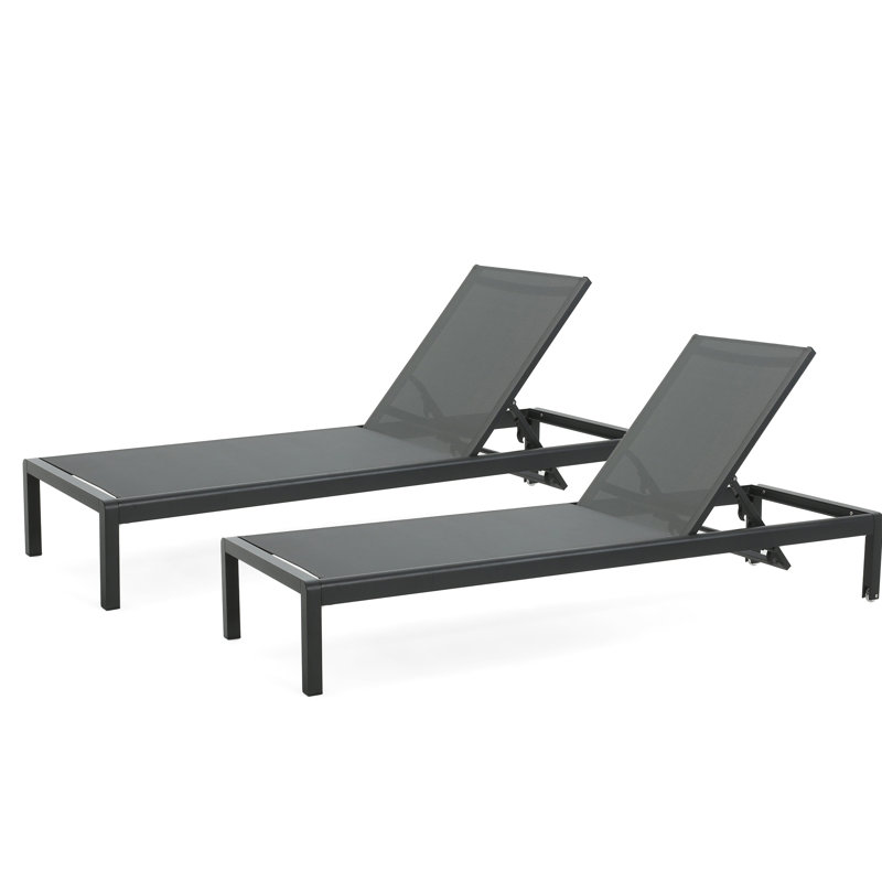 2 fauteuils inclinables près de la piscine - filet respirant, aluminium, dossier réglable, roues mobiles, paire de chaises longues noires et grises - dossier rouille