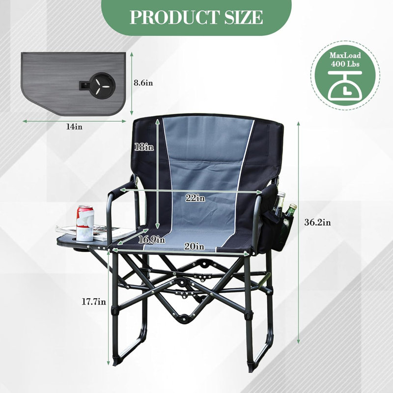 Ensemble de 2 chaises de camping pliantes portatives, chaise de plage 400 LBS avec table d'appoint rabattable, porte-gobelet, poche de rangement, structure en acier robuste pour la pêche