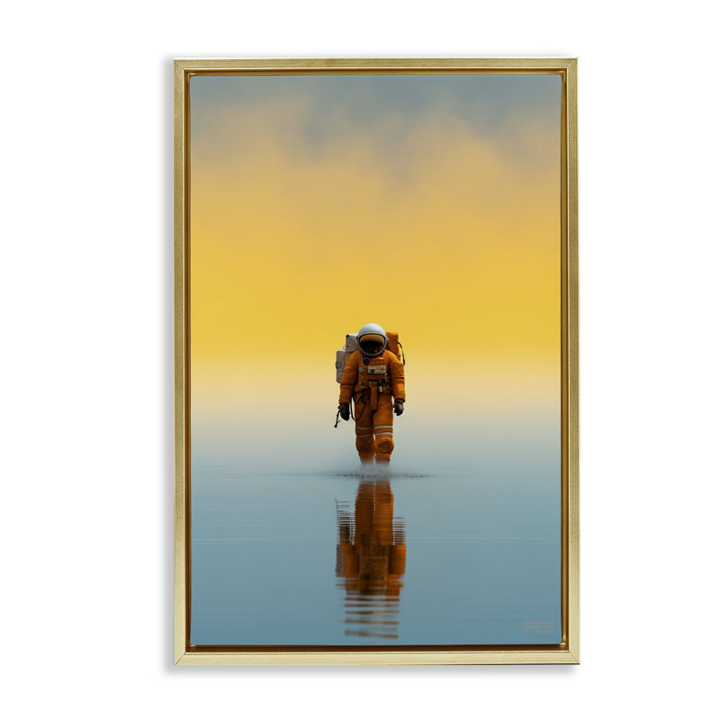 «Astronaut with Ombre Sunset» par RB, H 25 po x l 17 po, Cadre flottant métallique doré