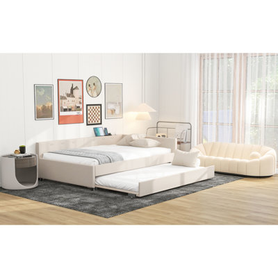 Beige Upholstered Bed With Ports And Twin Trundle - Robust Frame, No Box Spring For A Tidy Bedroom Appearance Full Size & In Strong Wood, Gorgeous Interior