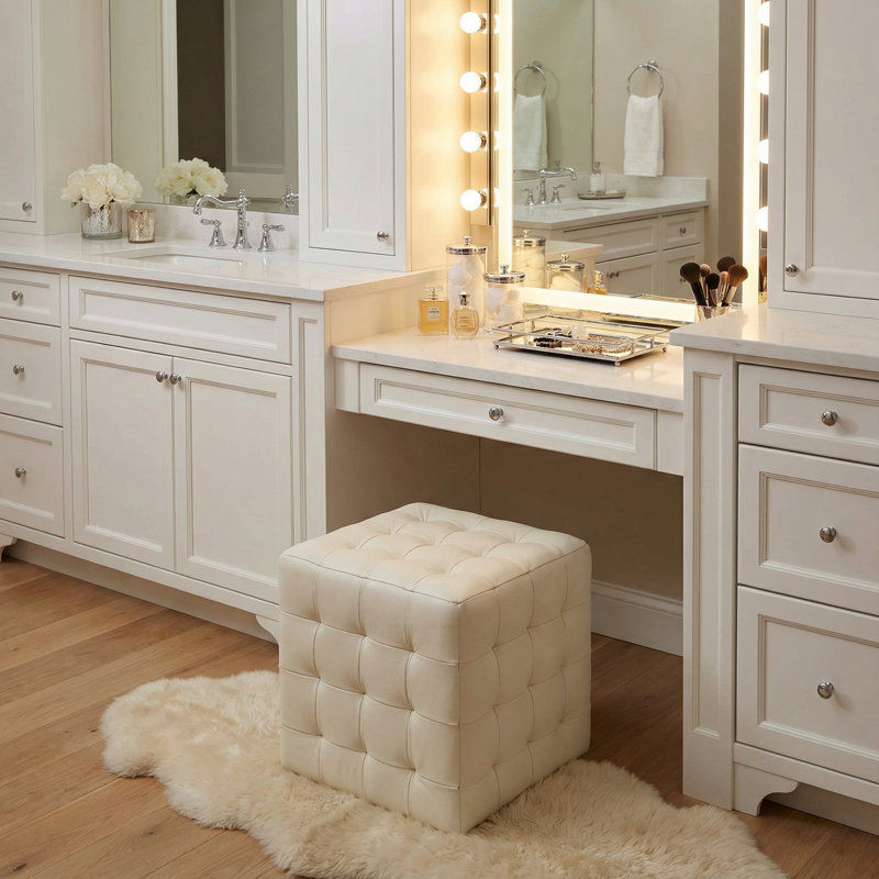 Repose-pieds cubique capitonné 100% cuir véritable Phabian, Crème