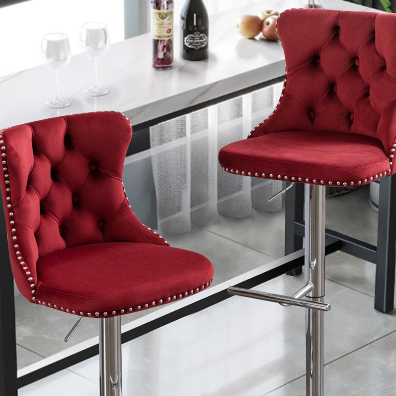 360°Swivel Adjustable Counter Height Bar Stools, 4, Wine Red, Sliver