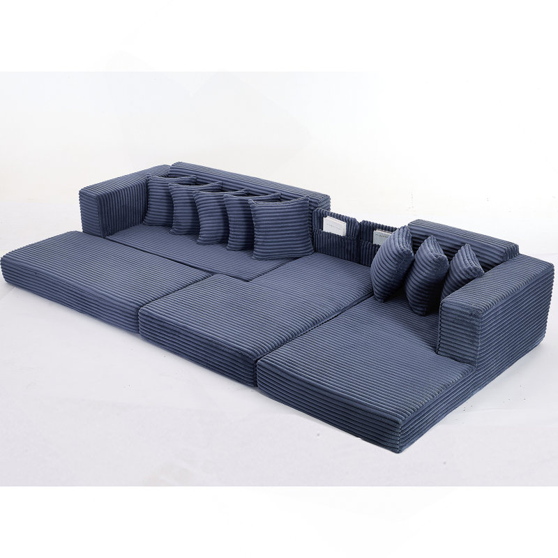 Boneless Oversize Cloud Couch, L-Shape Sofa, Convertible Floor Sleeper Sofa Bed, No Assembly ,Eight Pillows,3-In-1,Side Pocket,Corduroy
