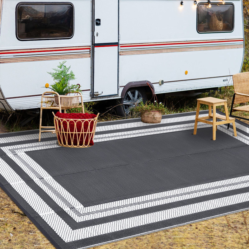Tapis de paille en plastique à bordure bordée pour l'extérieur, Gris/blanc, Rectangle 9 pi x 18 pi